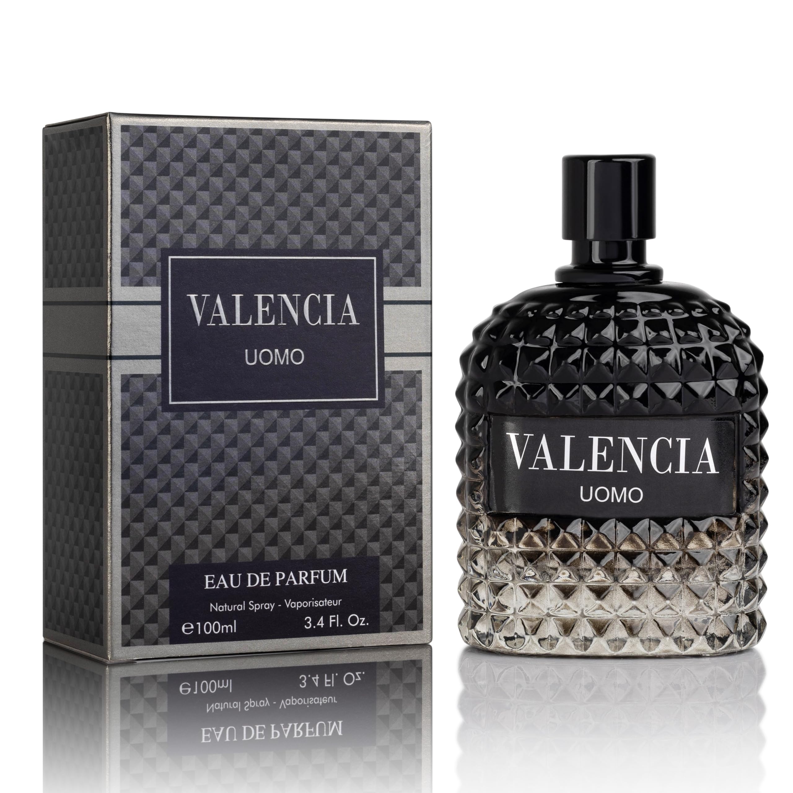 NovoGlow Valencia UOMO frasco frente, diseño elegante para uso diario.