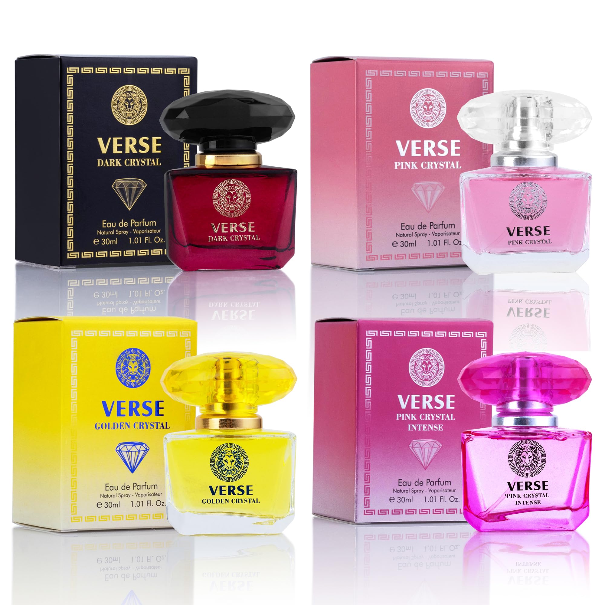 NovoGlow Verse Cristal Dorado: frasco elegante para uso diario y eventos.