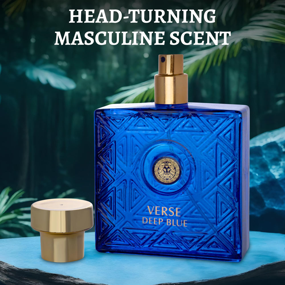 Detalle del frasco Verse Deep Blue, colores intensos y aspecto premium para uso diario.