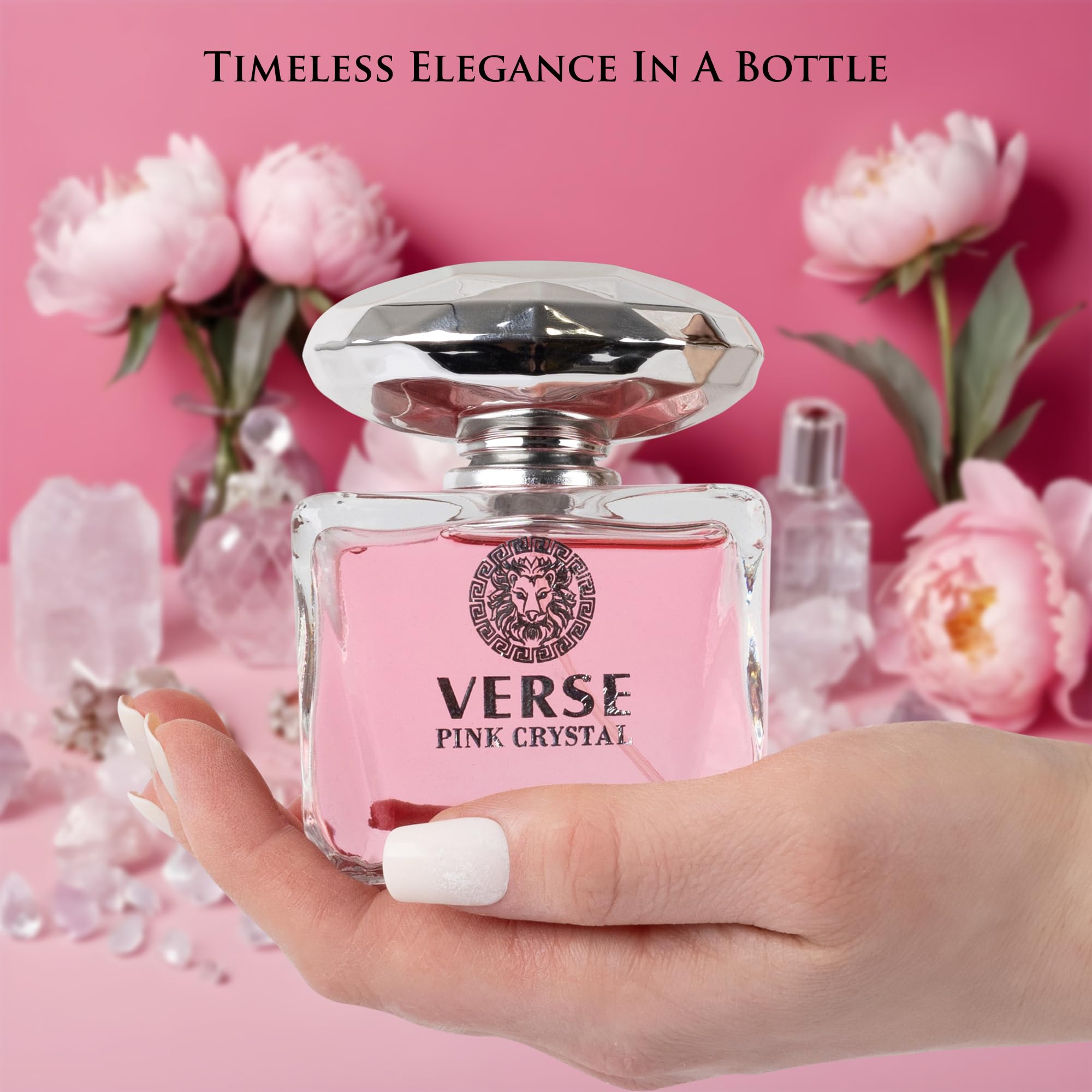 Notas de base Verse Pink Crystal ámbar y caoba que aportan calidez.