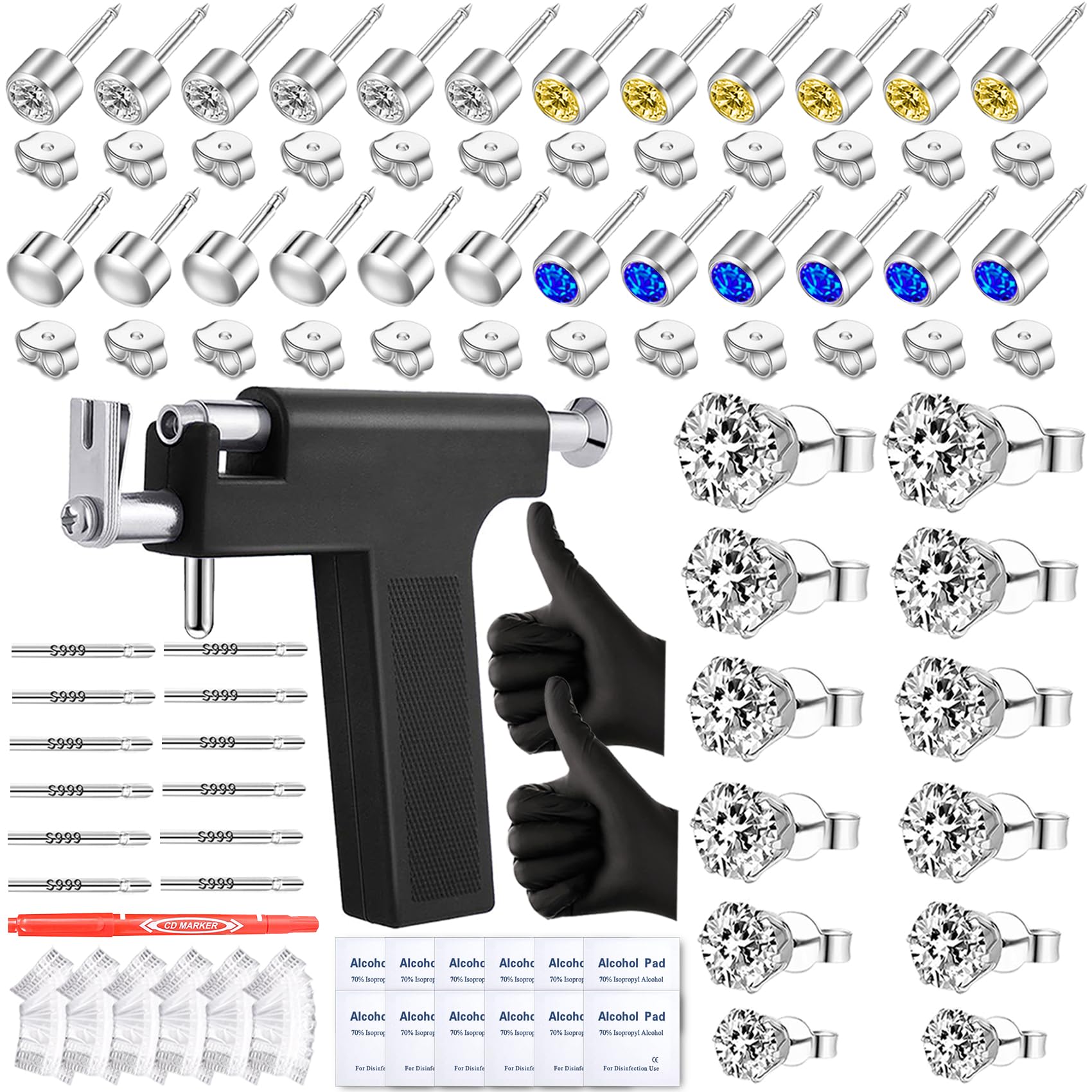 Novopiercing kit de perforación de orejas con pistola y CZ, uso casero seguro.