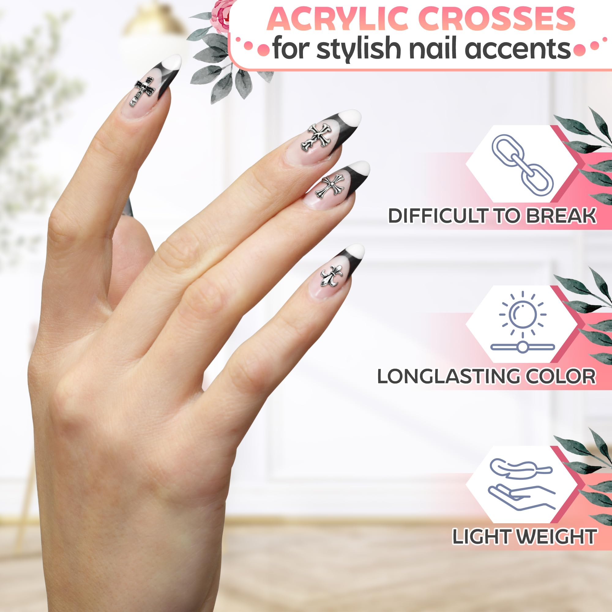 Novsix cruces acrílicas plateadas para uñas brindan destellos sutiles y duraderos.