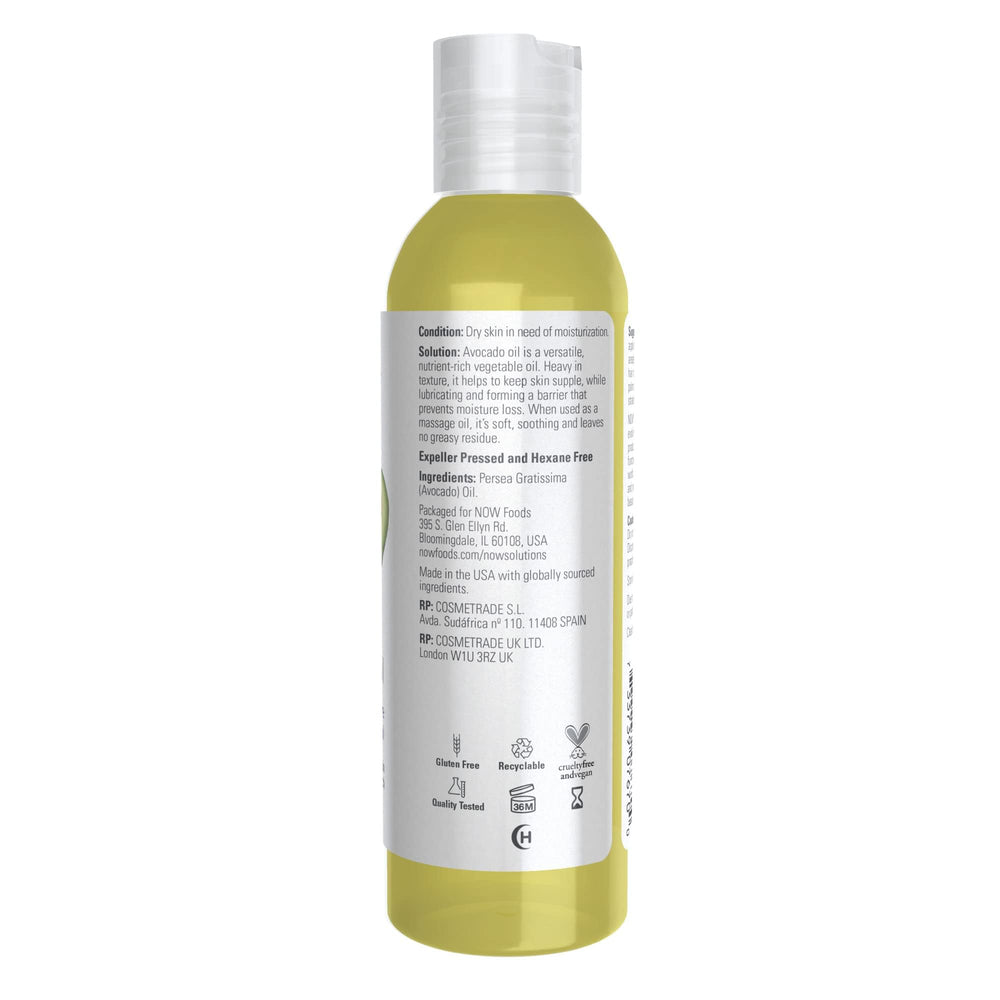 NOW Aceite de aguacate, textura gruesa, ideal para masajes y piel seca.