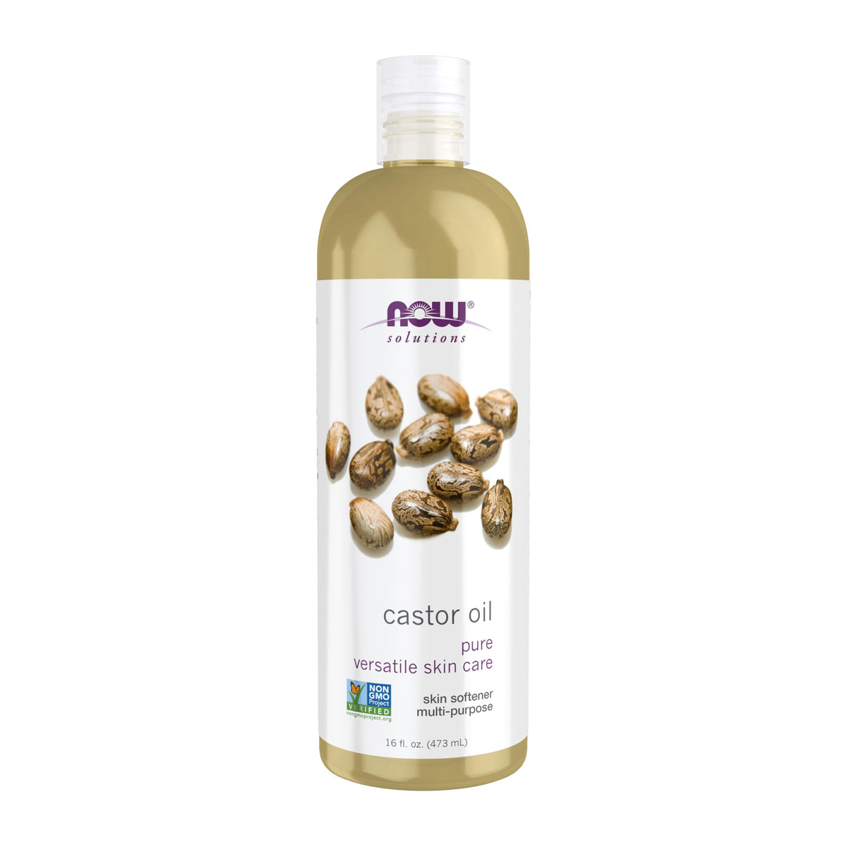 NOW Foods Aceite de ricino, frasco claro para piel suave y cabello nutrido.