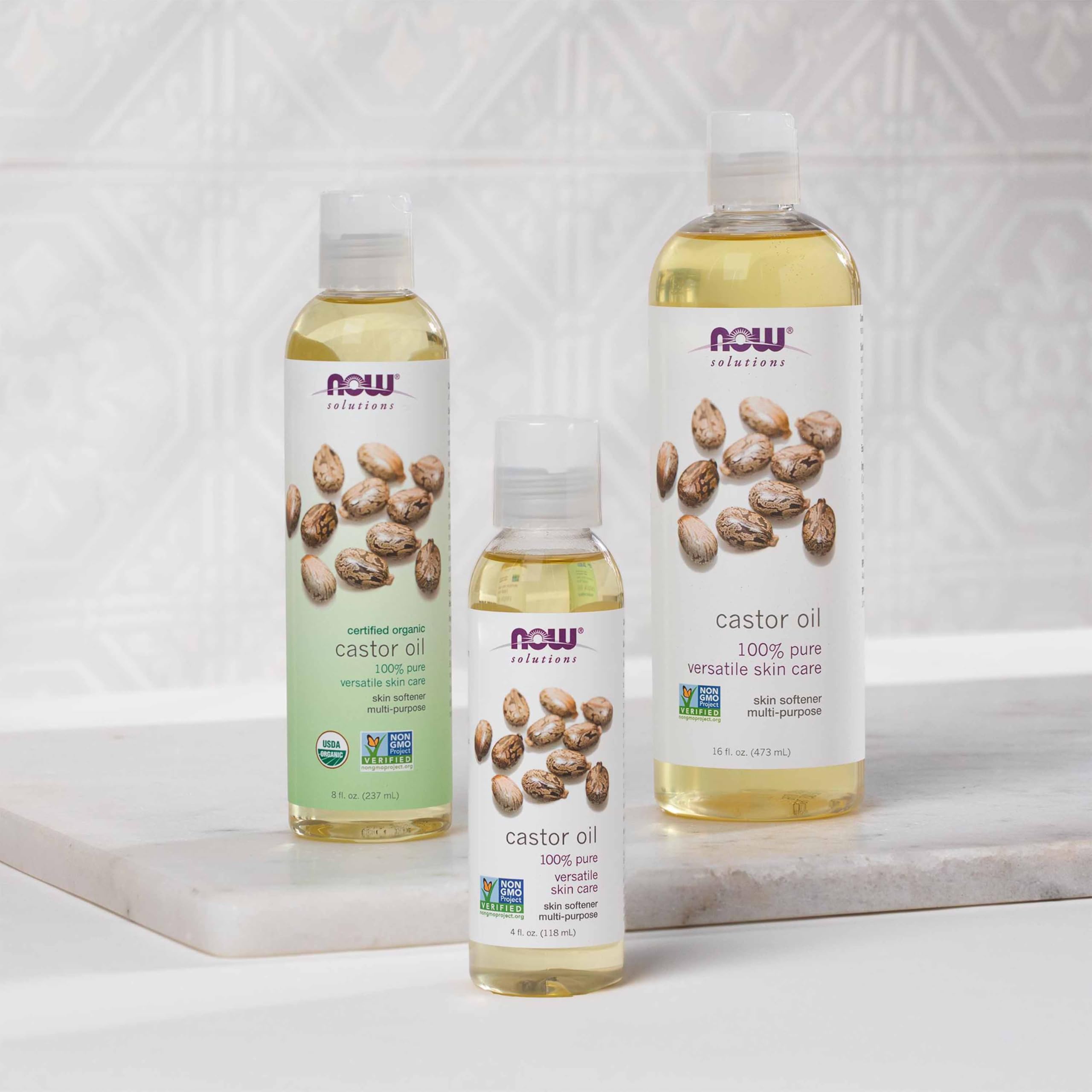 NOW Foods Aceite de ricino, envase claro con protección UV.