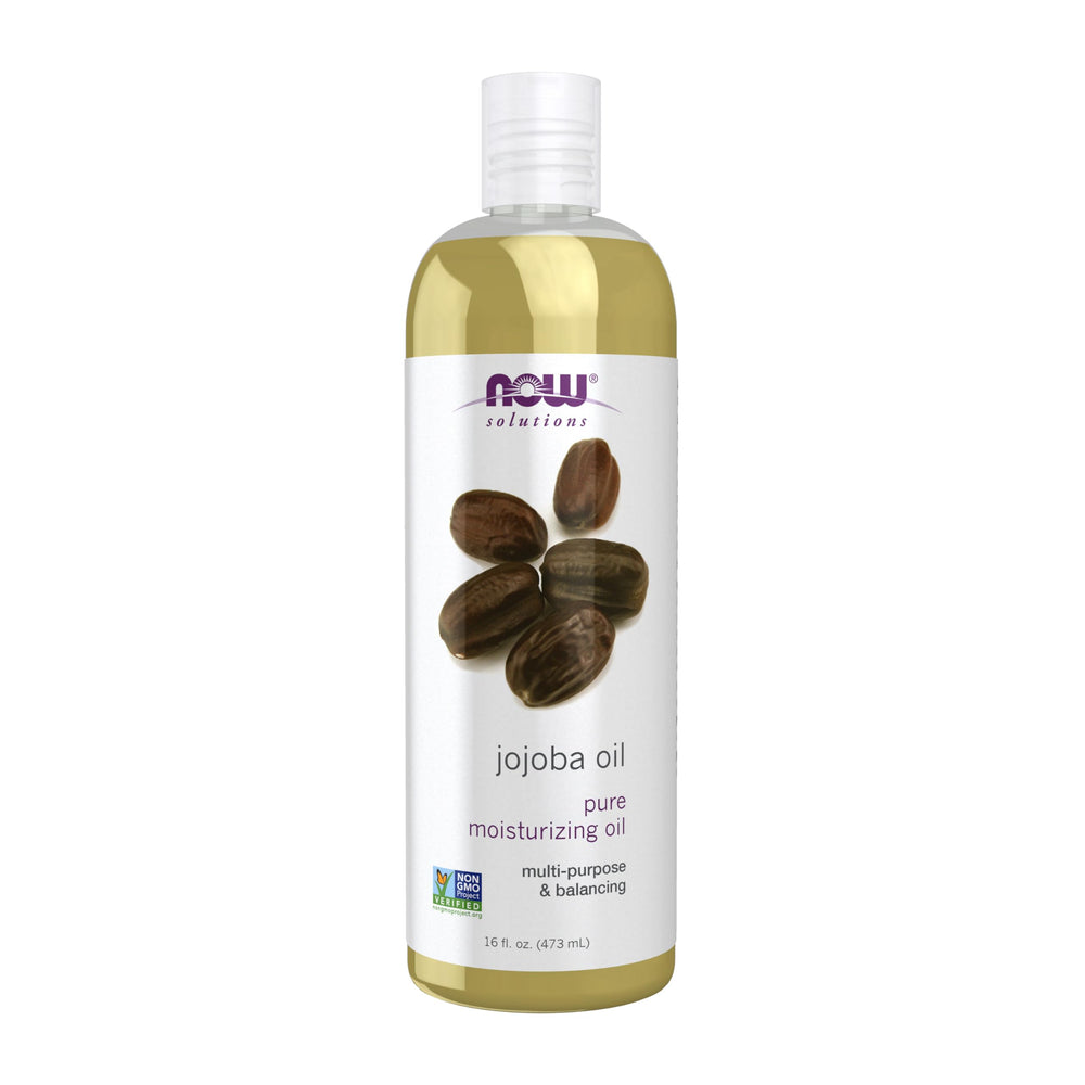 NOW Foods Aceite de jojoba: botella derramando, para uso facial ligero y nutritivo