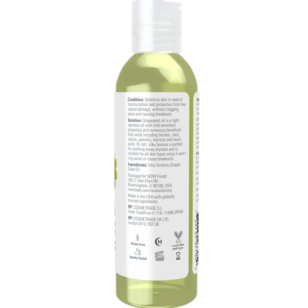 Now Solutions aceite de semilla de uva, textura sedosa, ideal para hidratar sin obstruir poros.