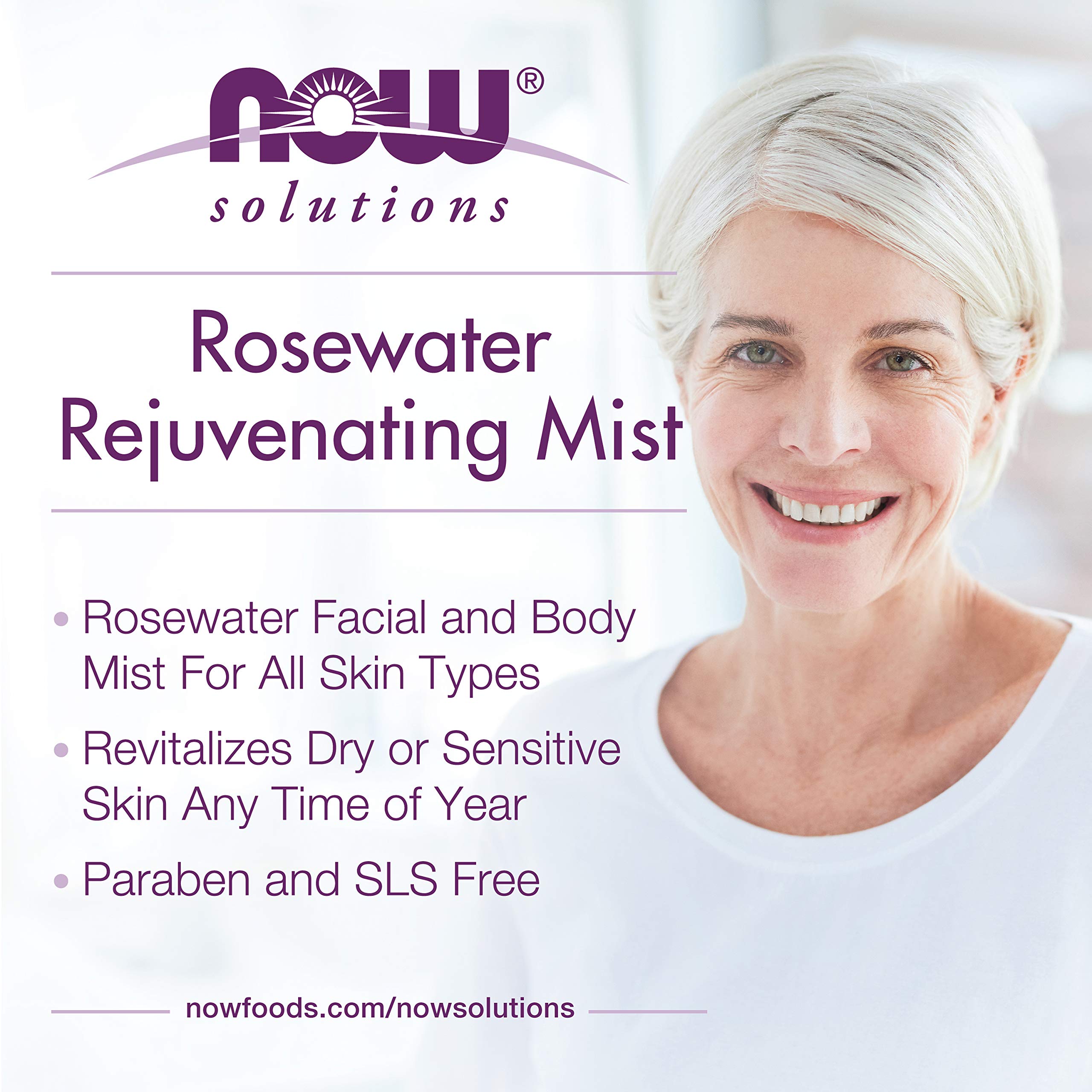 Aroma floral suave de la Rosewater Rejuvenating Mist de NOW Solutions
