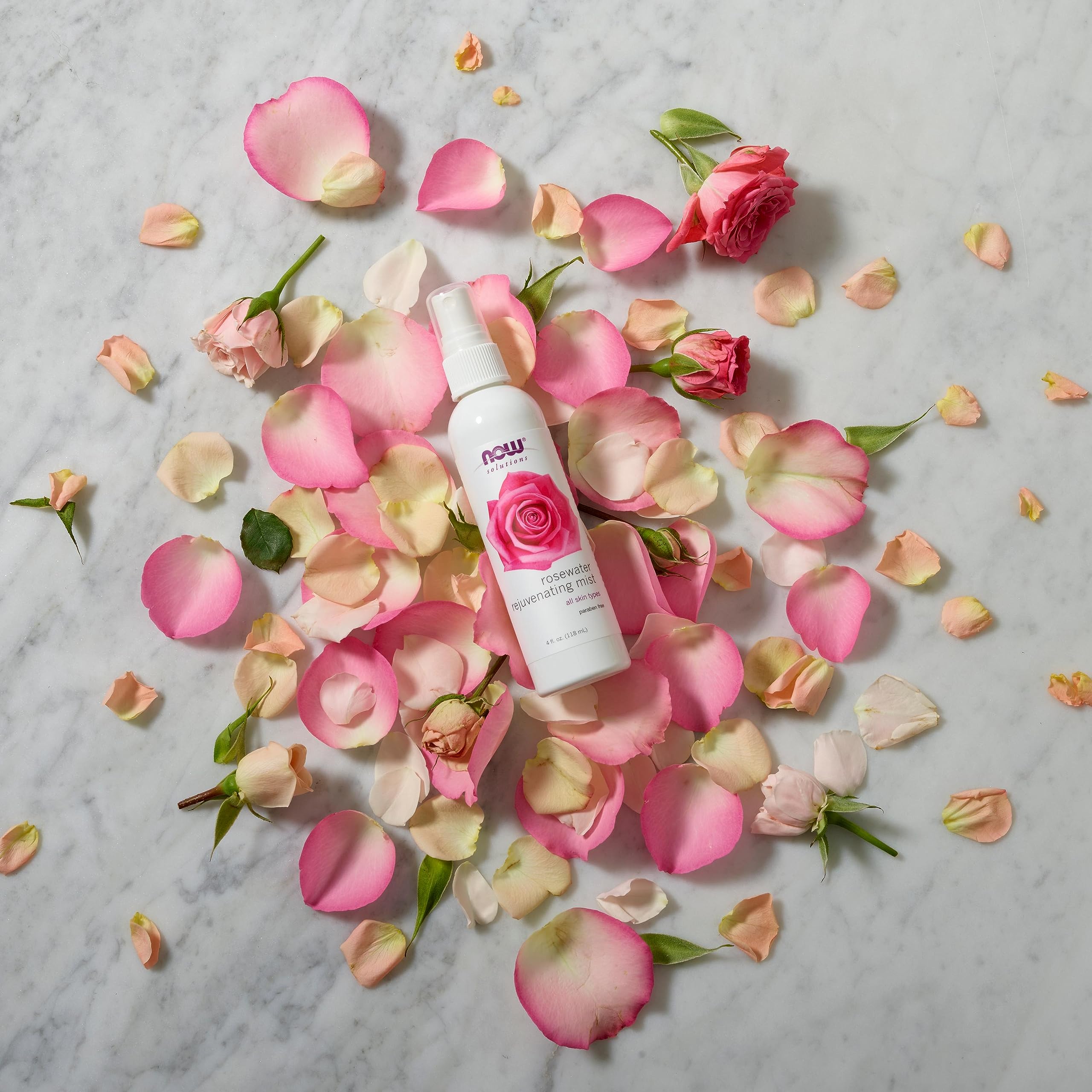 NOW Solutions Agua de Rosas Bruma Rejuvenecedora, ingredientes clave y beneficios suaves