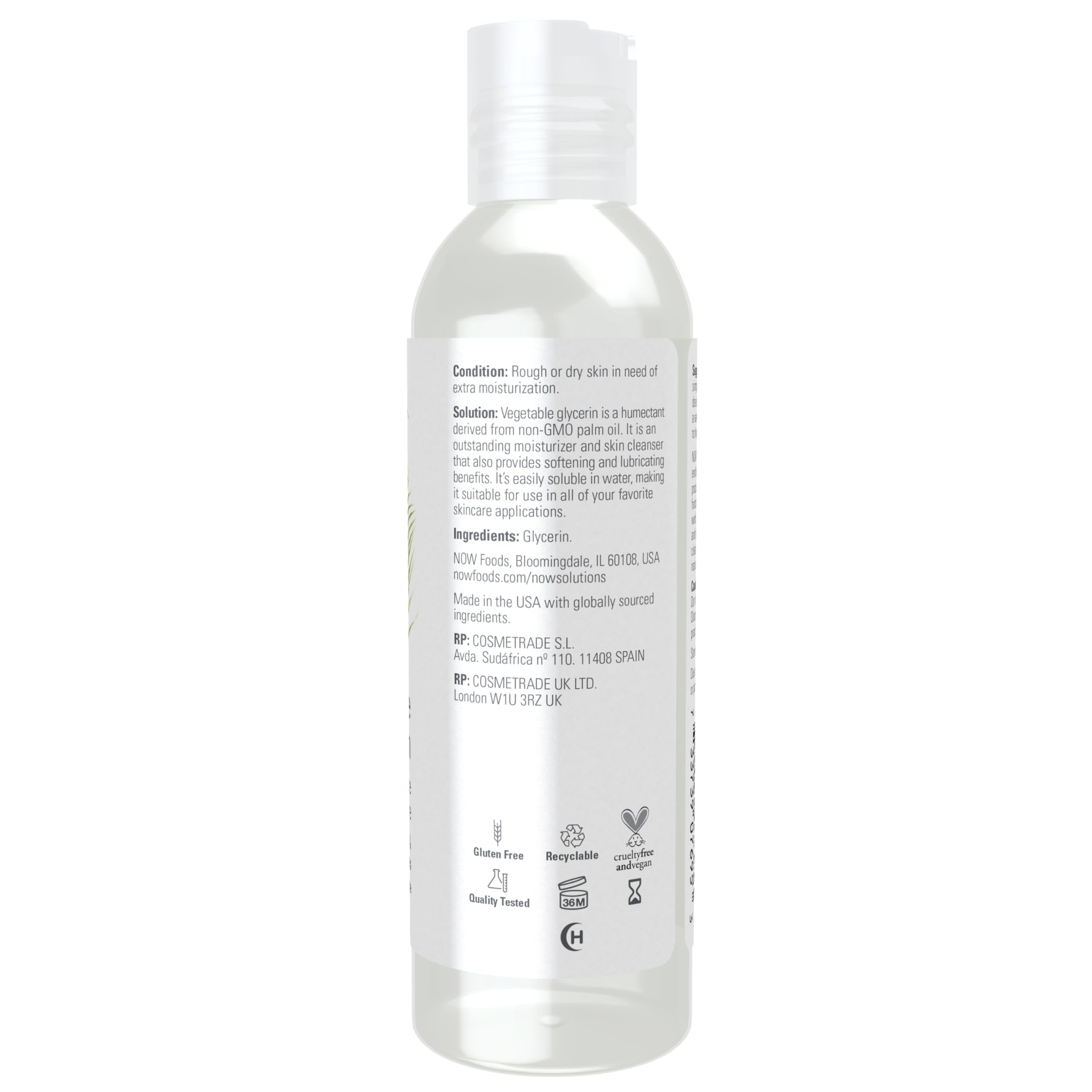 NOW Solutions Glicerina Vegetal en la mano, aplicación suave para piel seca