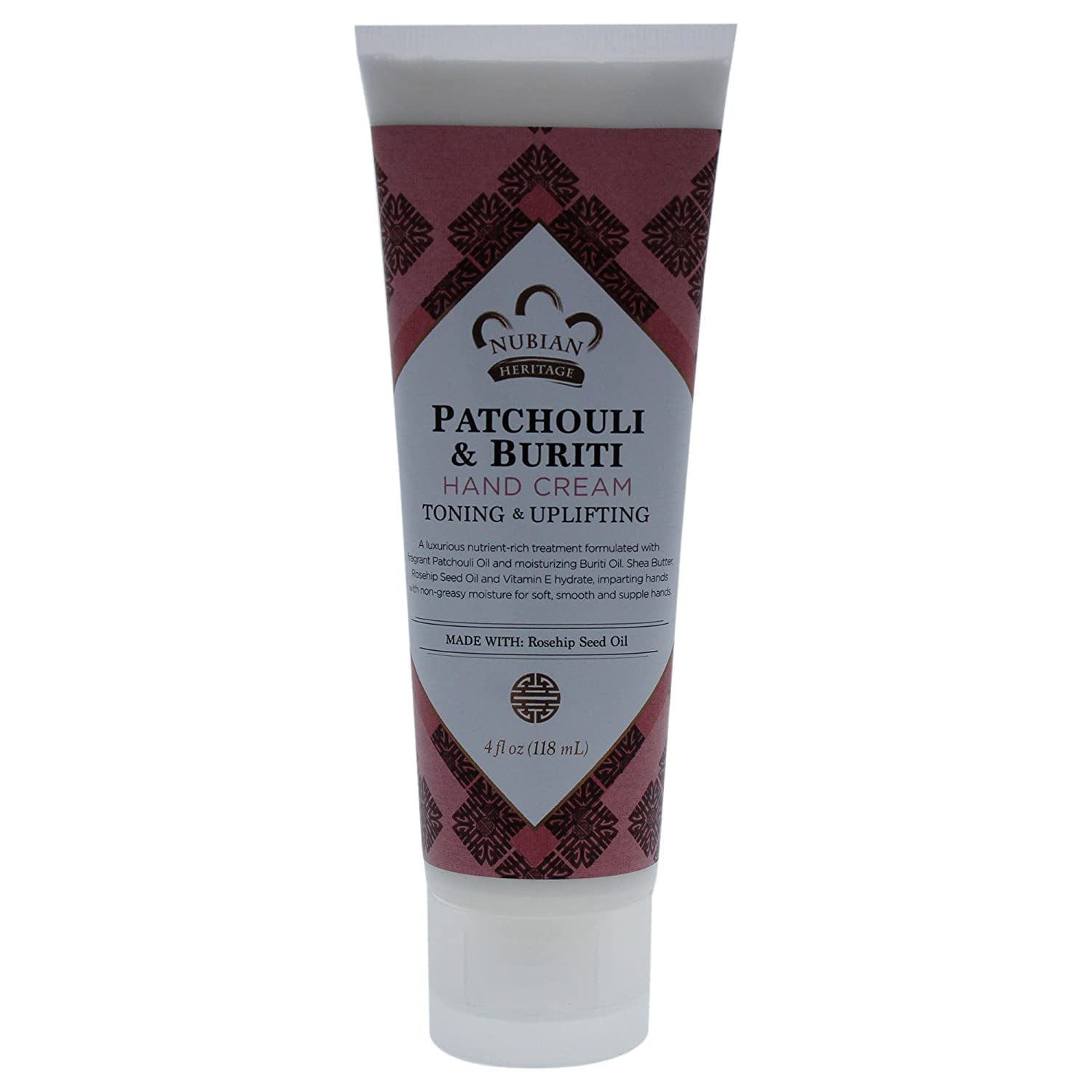 Nubian Heritage Patchouli Buriti crema de manos en envase; hidratación duradera sin grasa.