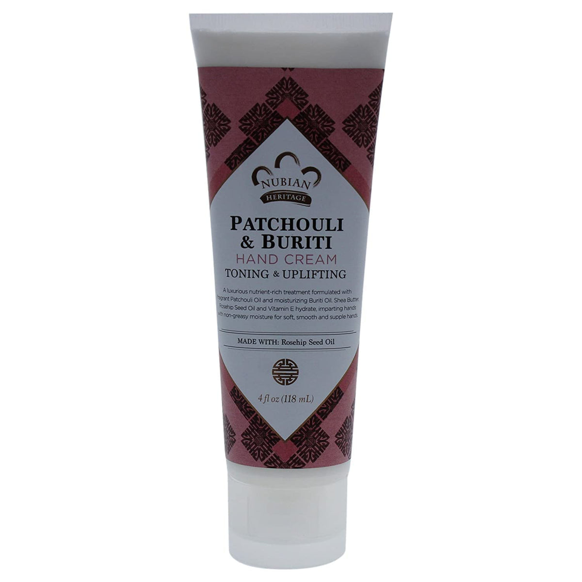 Nubian Heritage Patchouli Buriti crema de manos en envase; hidratación duradera sin grasa.