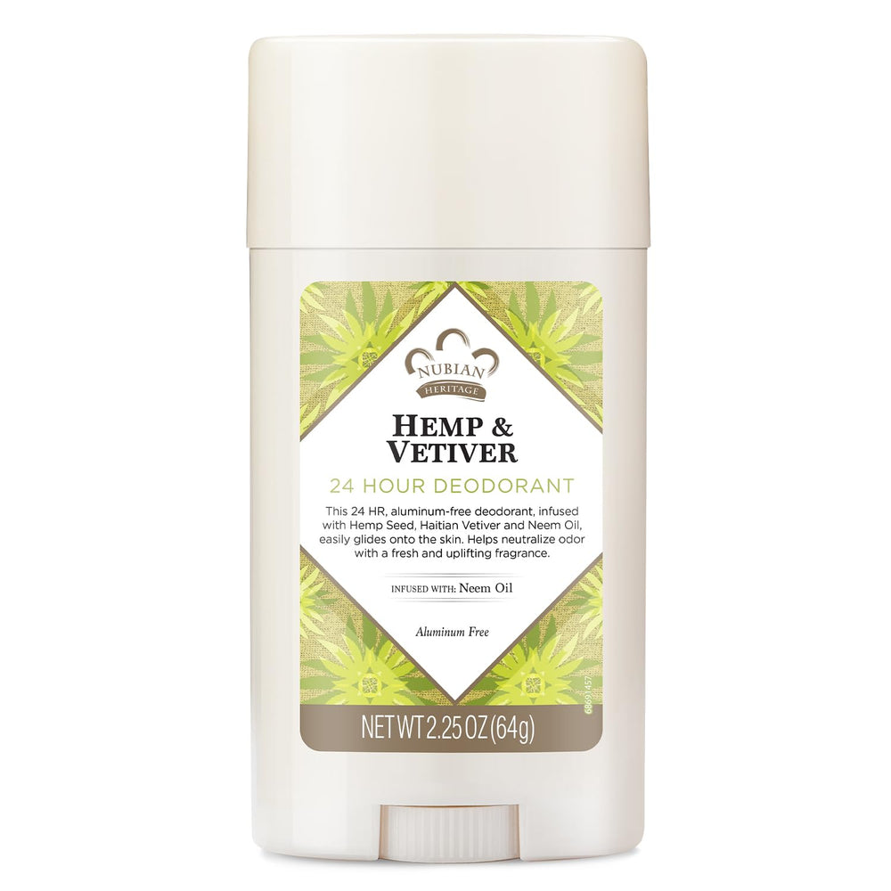 Desodorante Nubian Heritage sin aluminio, cáñamo indio y vetiver haitiano, en botella para uso diario.