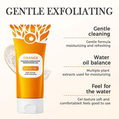 Textura del gel exfoliante naranja en primer plano, suave y cremosa.