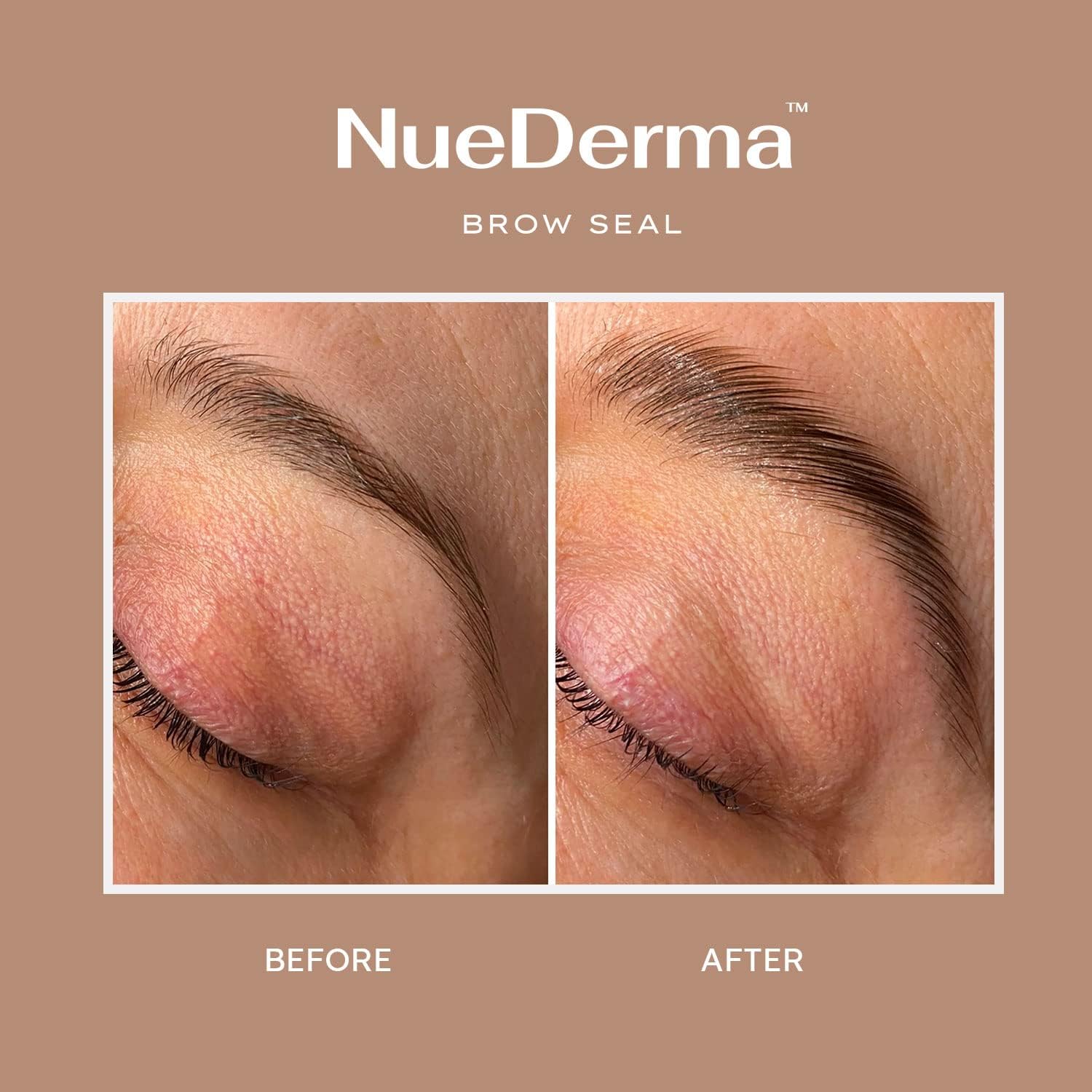 NueDerma Brow Seal aceite de ricino para nutrir cejas durante la aplicación.