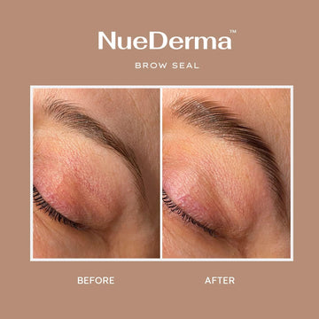 NueDerma Brow Seal aceite de ricino para nutrir cejas durante la aplicación.