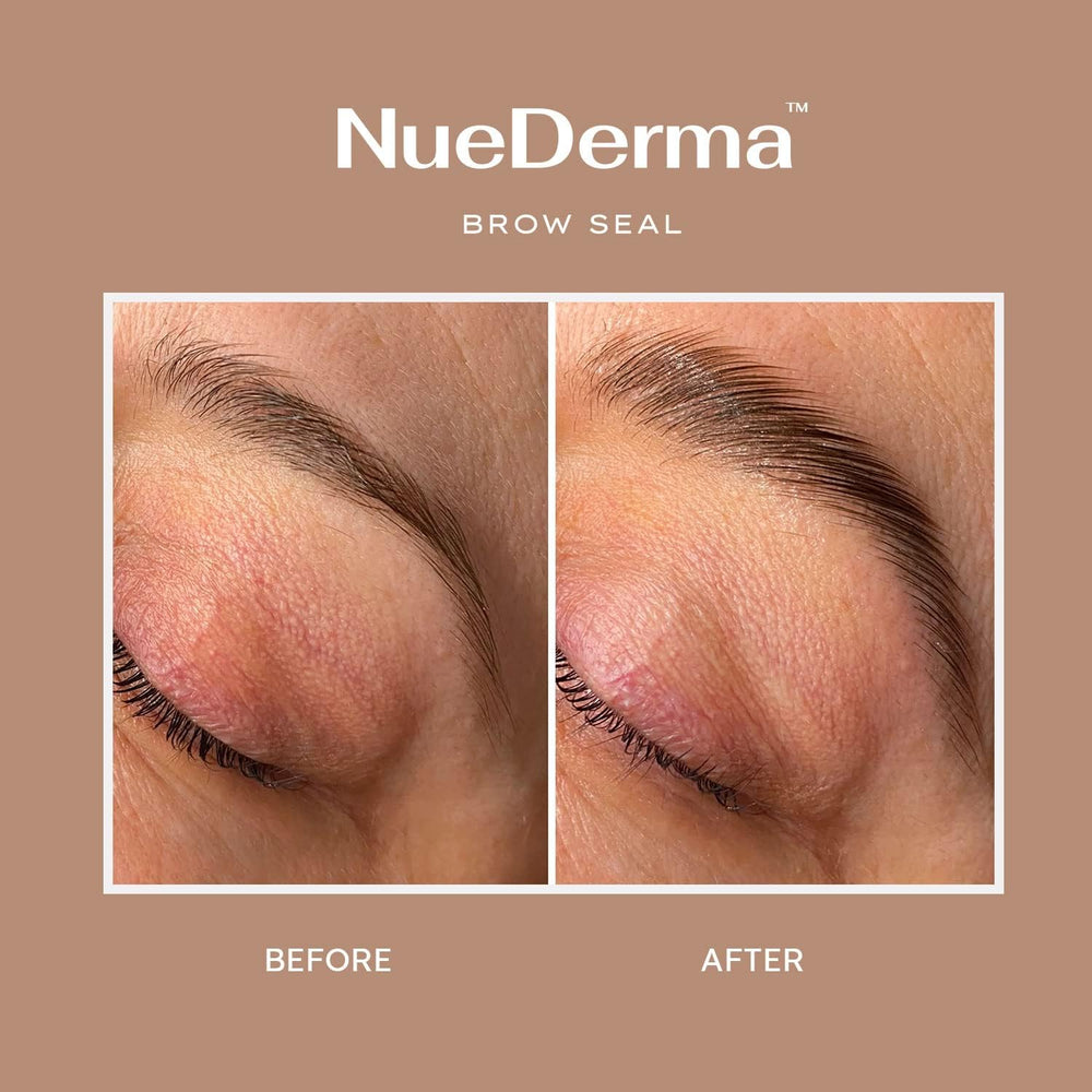 NueDerma Brow Seal aceite de ricino para nutrir cejas durante la aplicación.