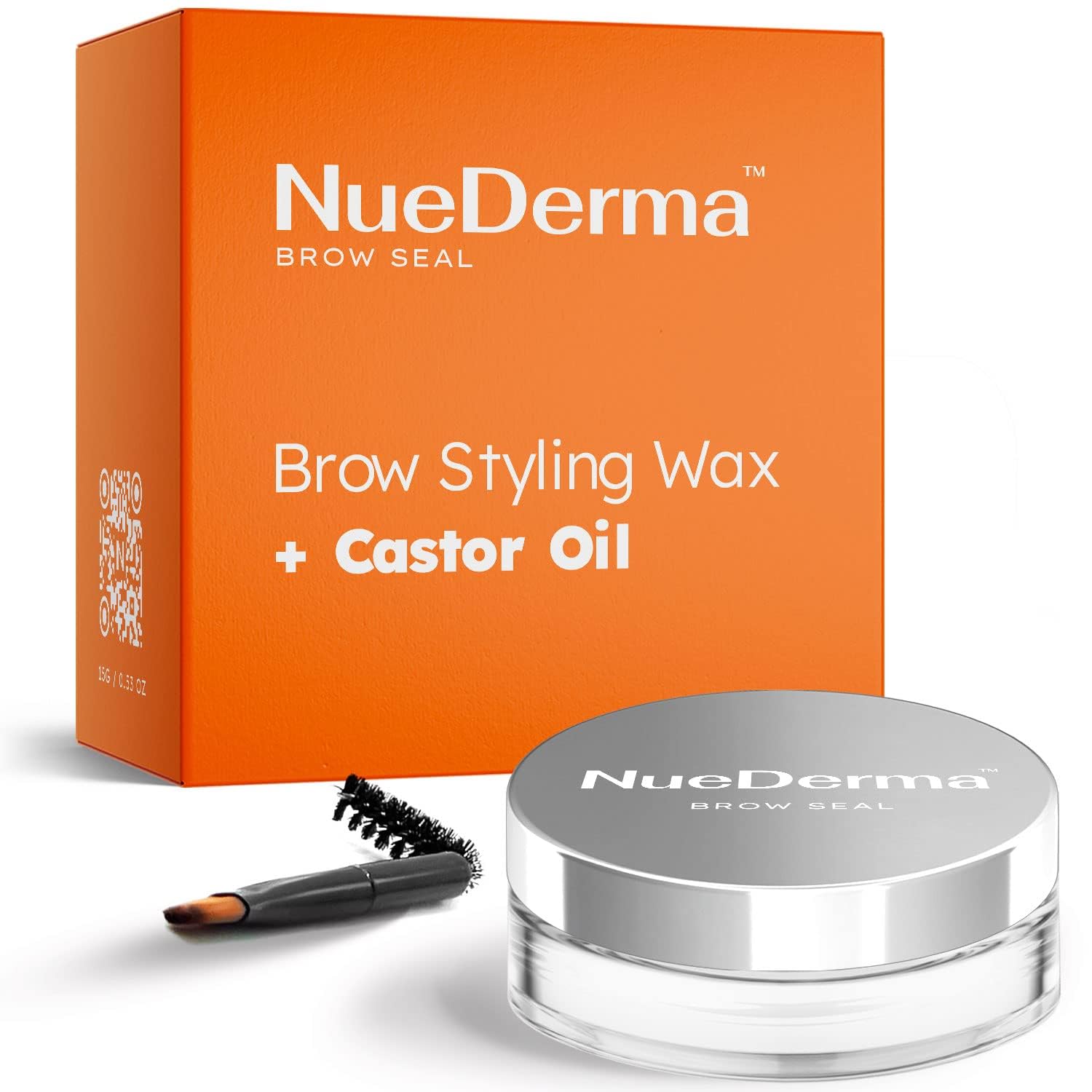 NueDerma Brow Seal envase compacto para fijar cejas con gel claro de larga duración.