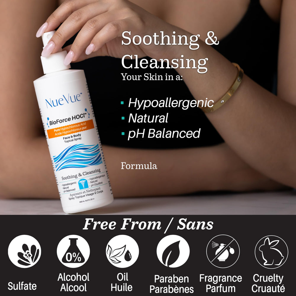 Aplicación de NueVue BioForce HOCl en rostro para limpieza suave.