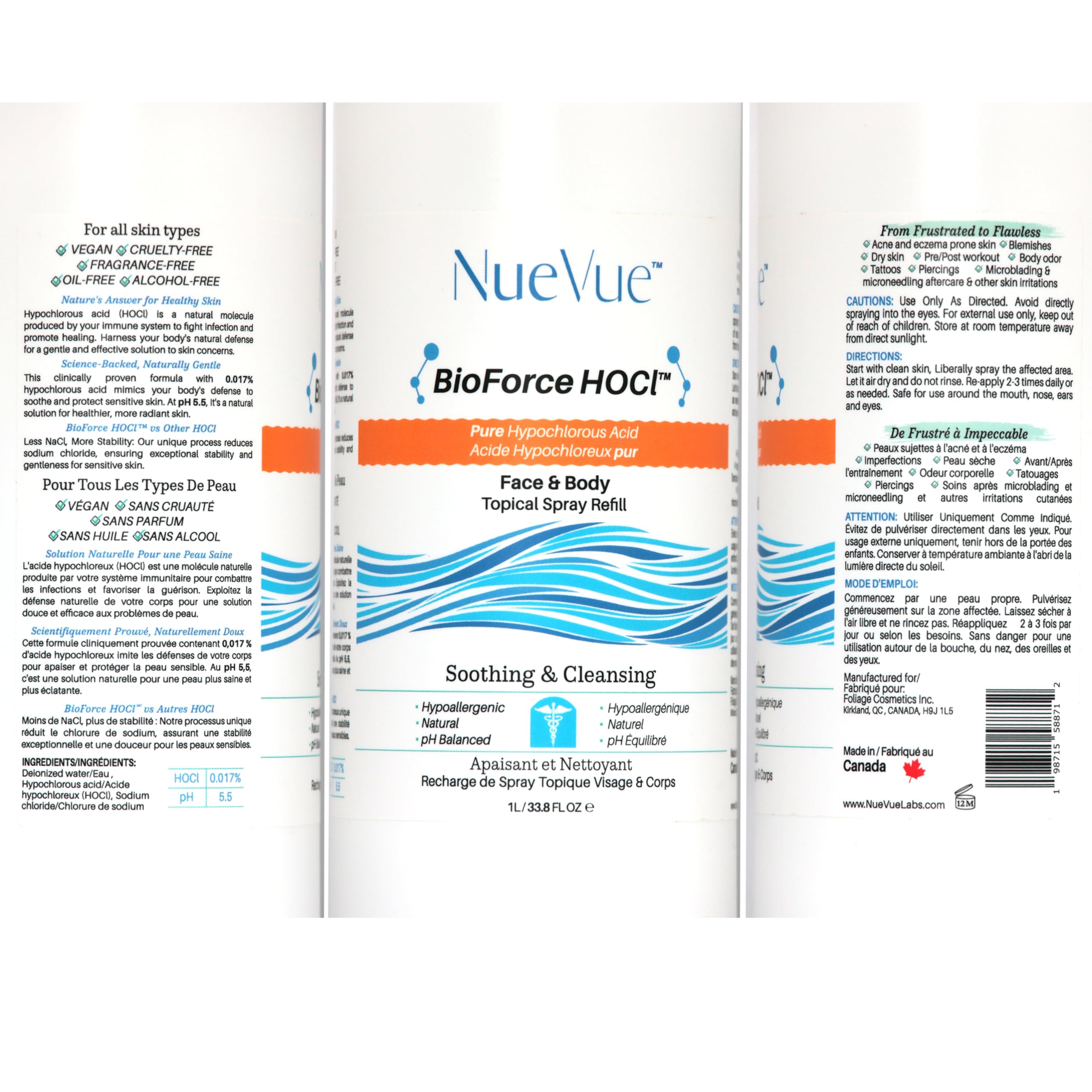 Cuidado pos-perforaciones con NueVue BioForce HOCl para sensación de frescura.