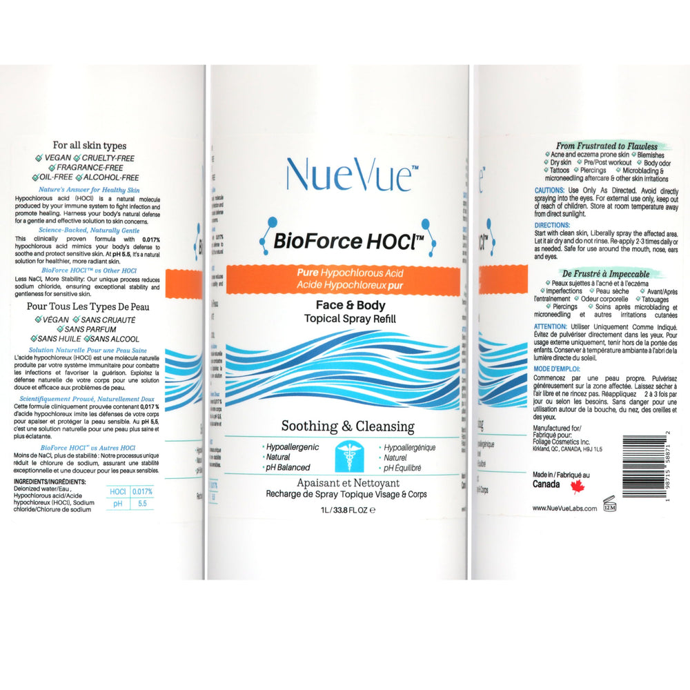 Cuidado pos-perforaciones con NueVue BioForce HOCl para sensación de frescura.