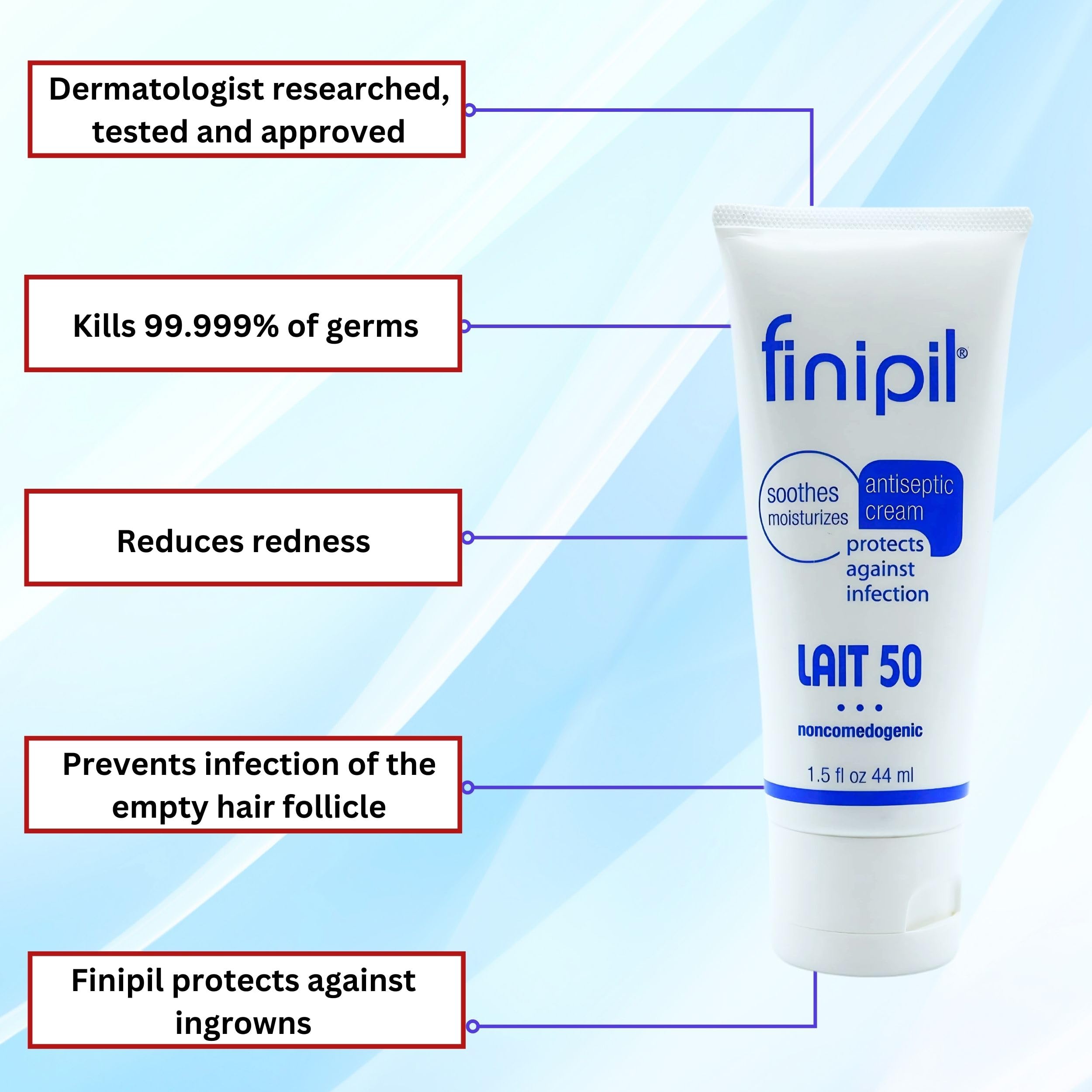 Nufree Finipil Lait tube spread-application shows soothing post-removal care.
