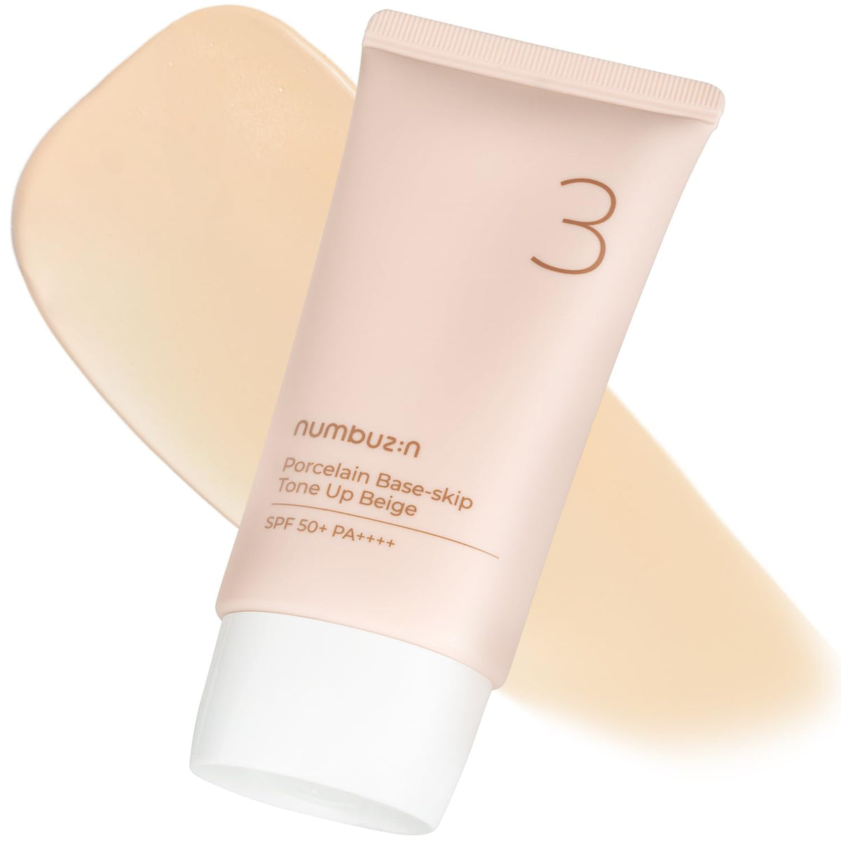 Numbuzin No.3 porcelain base bottle with tone-up beige and SPF50+ protection for daily wear.