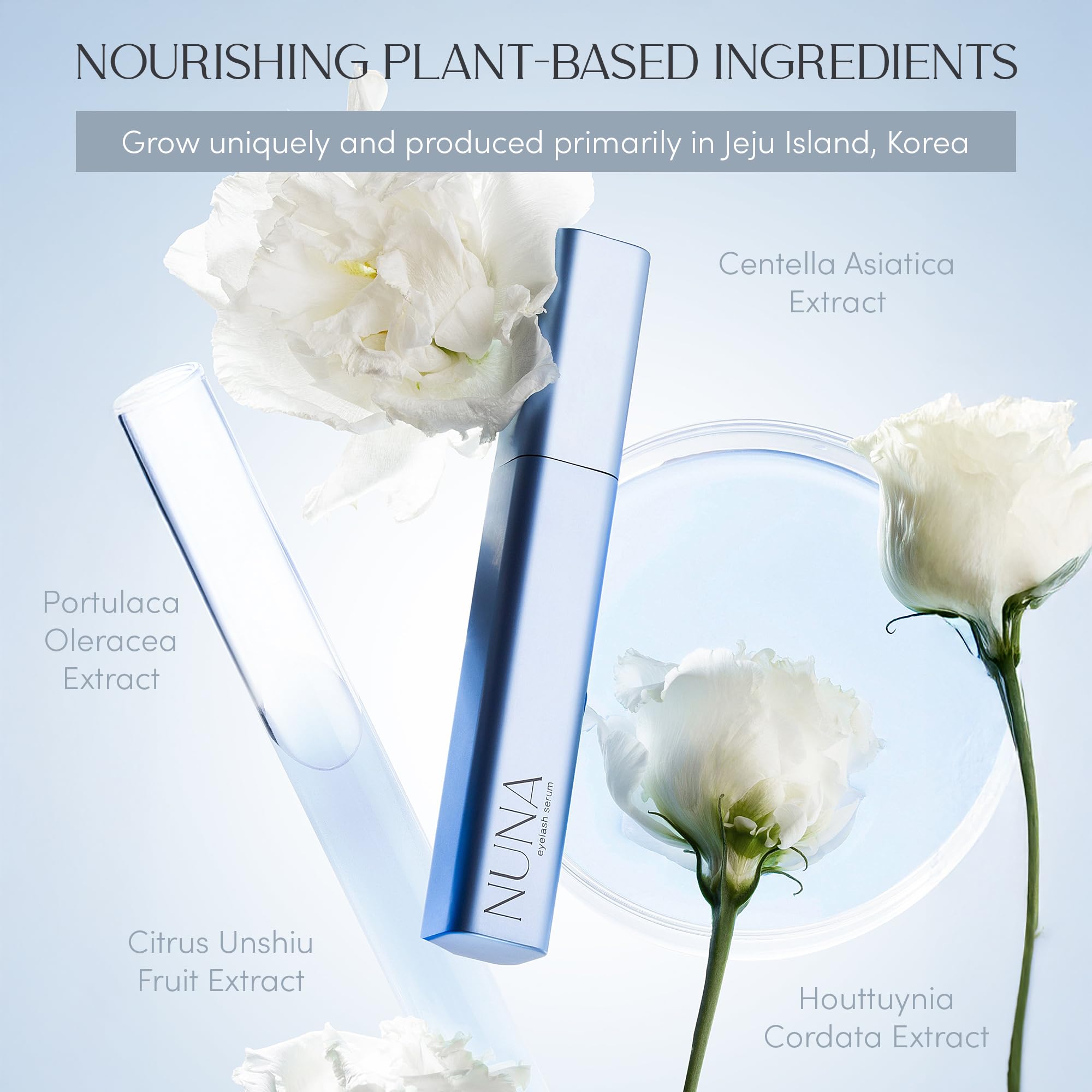 Primer plano de pestañas más largas y densas con NUNA Serum.