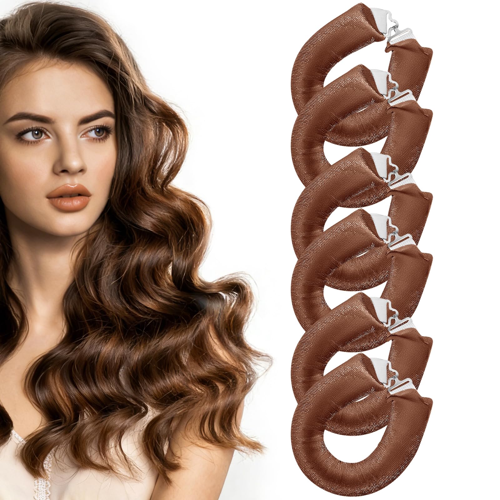 Conjunto nunflue de rodillos sin calor para dormir, 6 piezas marrón oscuro con rizos suaves.