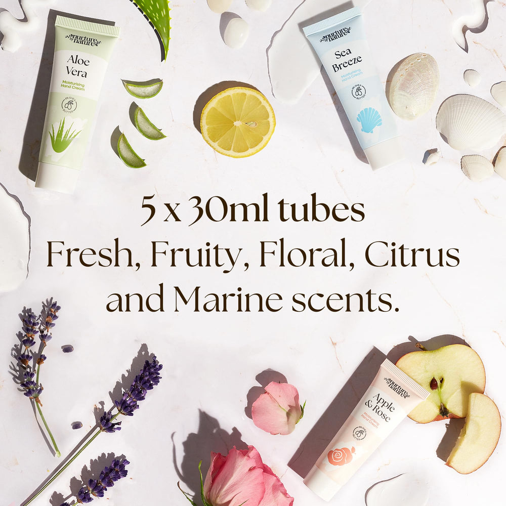 Cinco aromas de Nurture by Nature Botanicals para manos, experiencia sensorial
