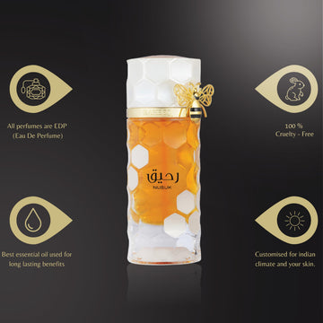 Base de Nusuk Raheeq con ámbar y musk para durabilidad en la piel.