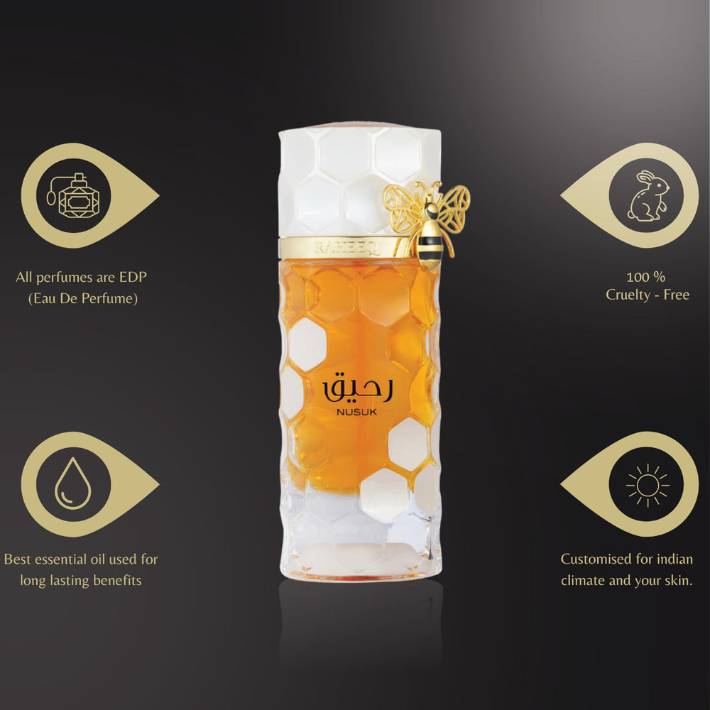 Base de Nusuk Raheeq con ámbar y musk para durabilidad en la piel.
