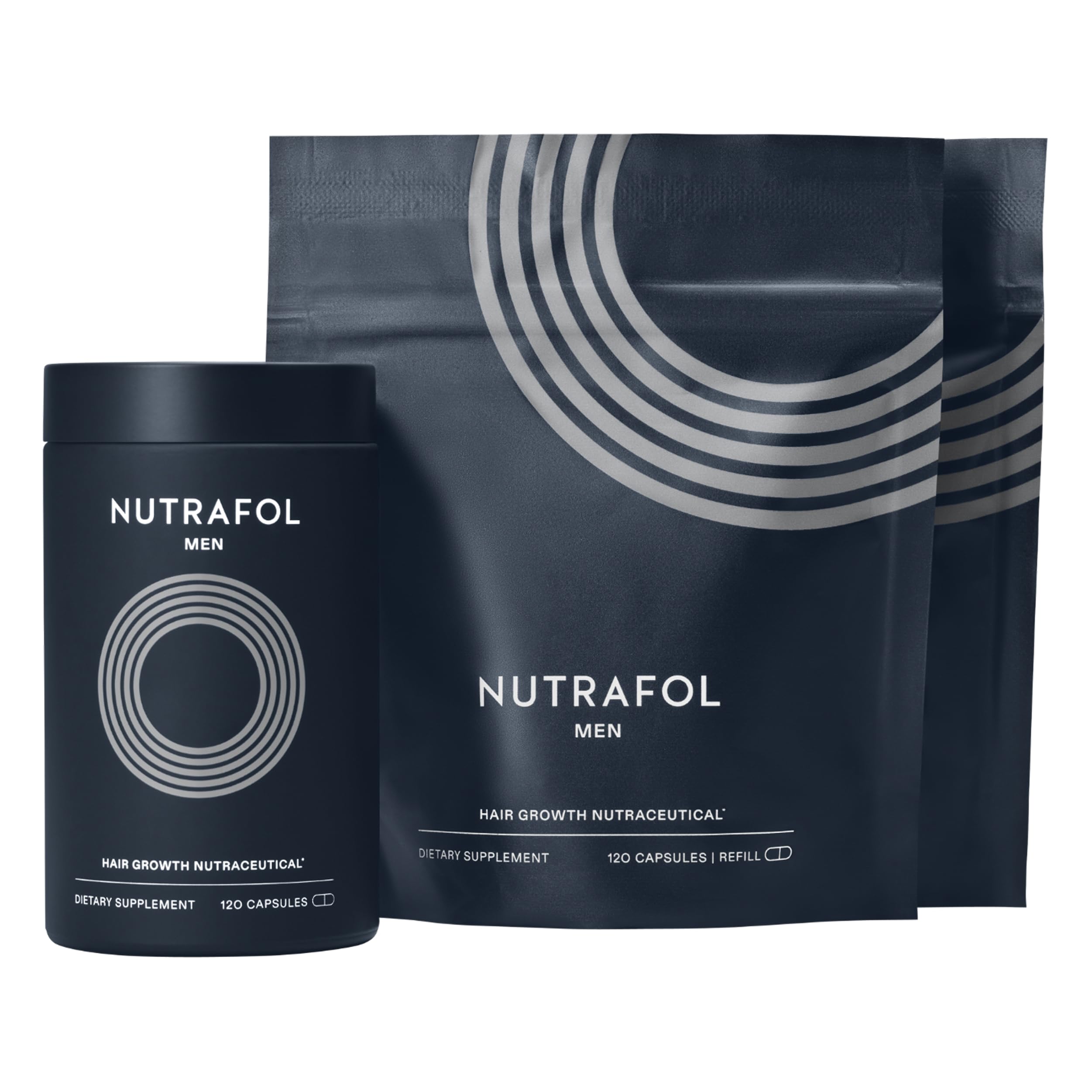 Nutrafol Hombre, botella de suplemento para cabello más lleno y saludable.