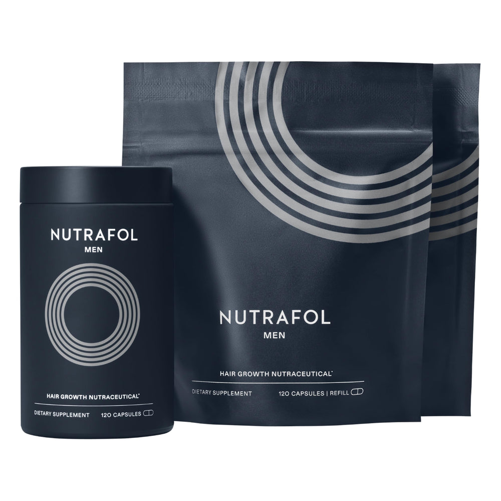 Nutrafol Hombre, botella de suplemento para cabello más lleno y saludable.