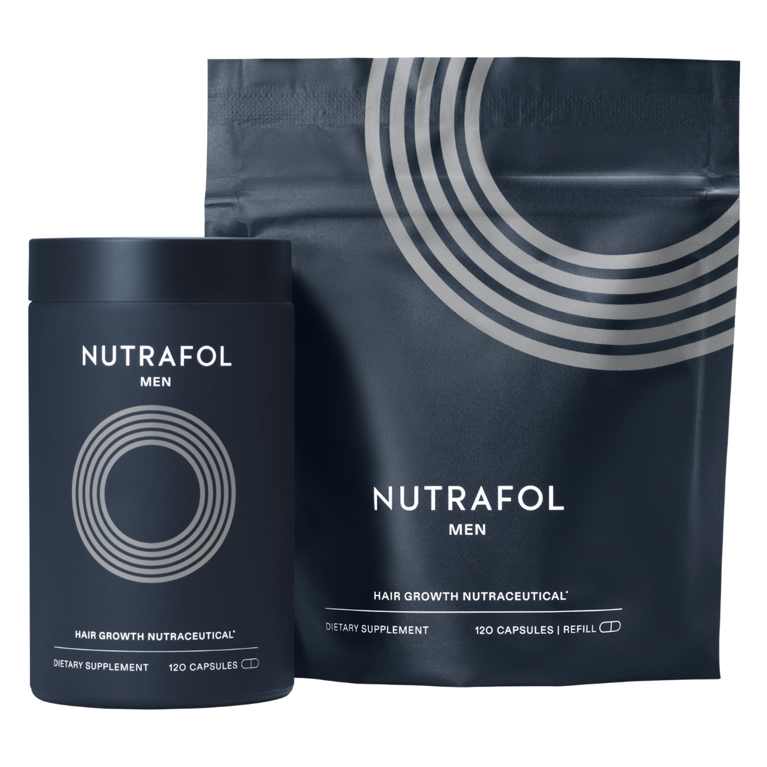 Nutrafol Hombre frasco de cápsulas para crecimiento capilar visible.