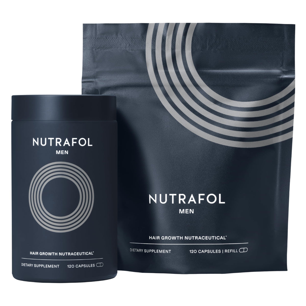 Nutrafol Hombre frasco de cápsulas para crecimiento capilar visible.