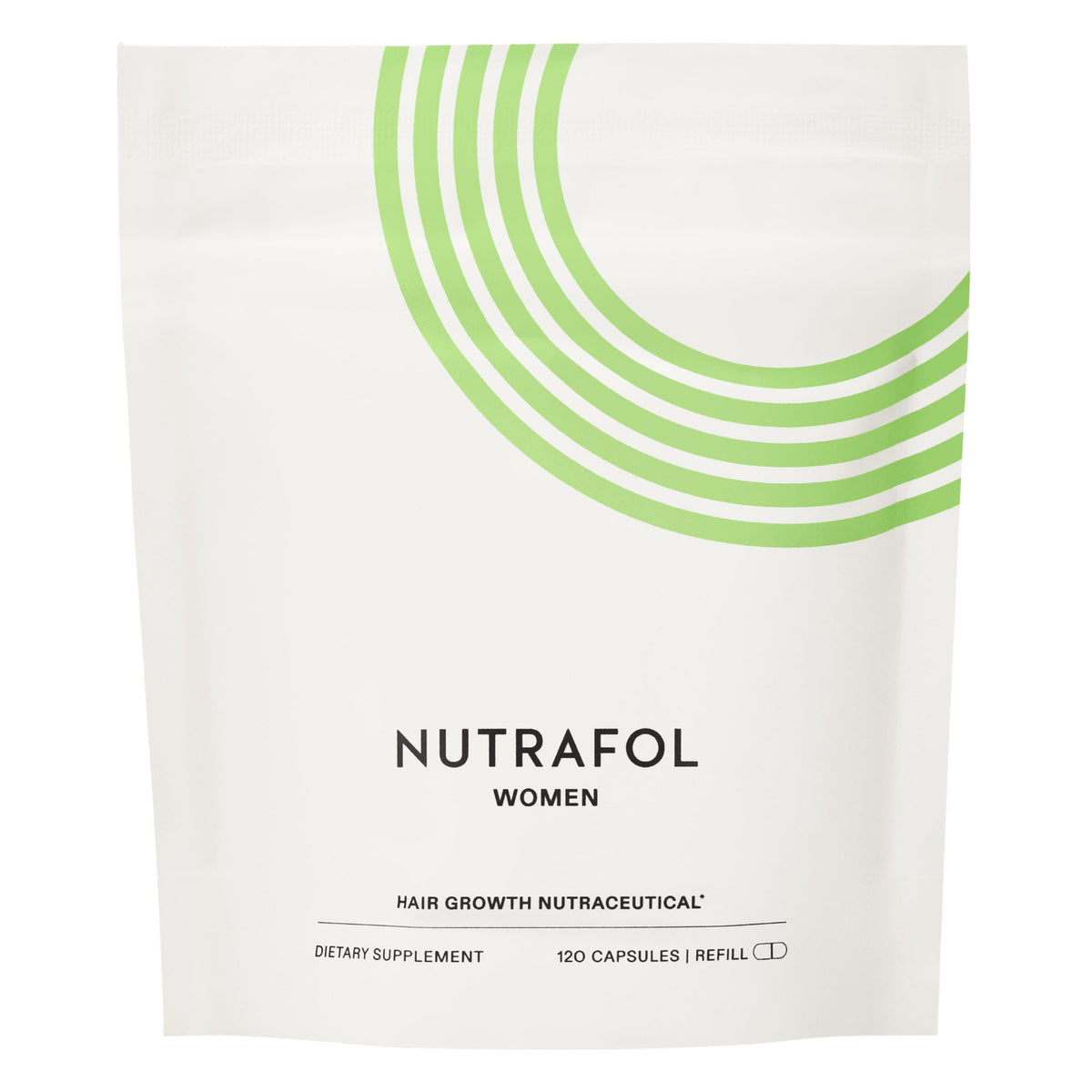 Frasco de Nutrafol Mujeres y empaque, visión de cabello más grueso.