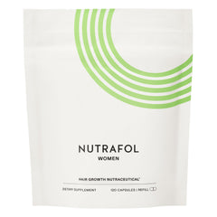 Frasco de Nutrafol Mujeres y empaque, visión de cabello más grueso.