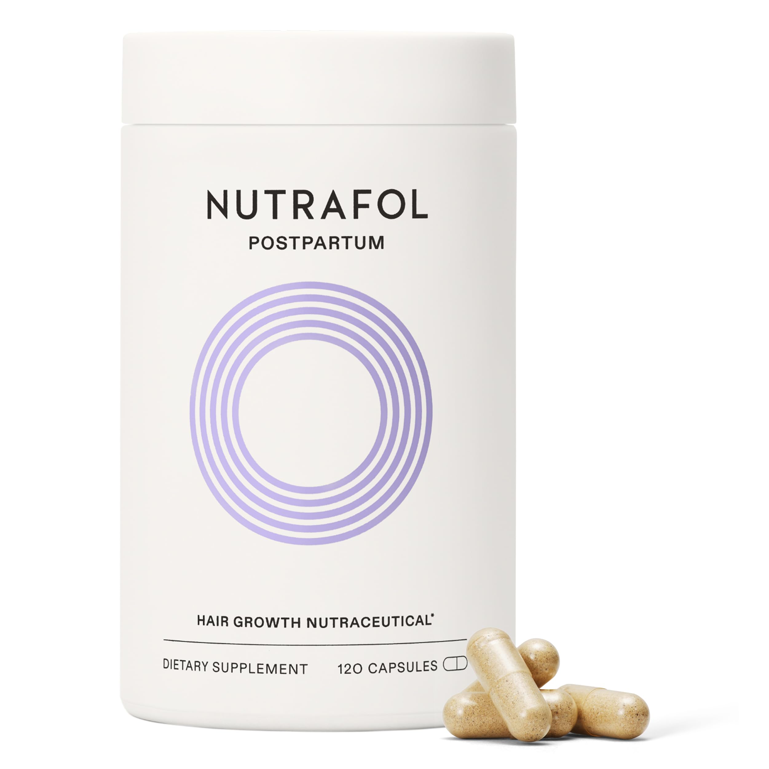 Nutrafol Postparto: botella de cápsulas para apoyo de cabello más grueso tras el parto