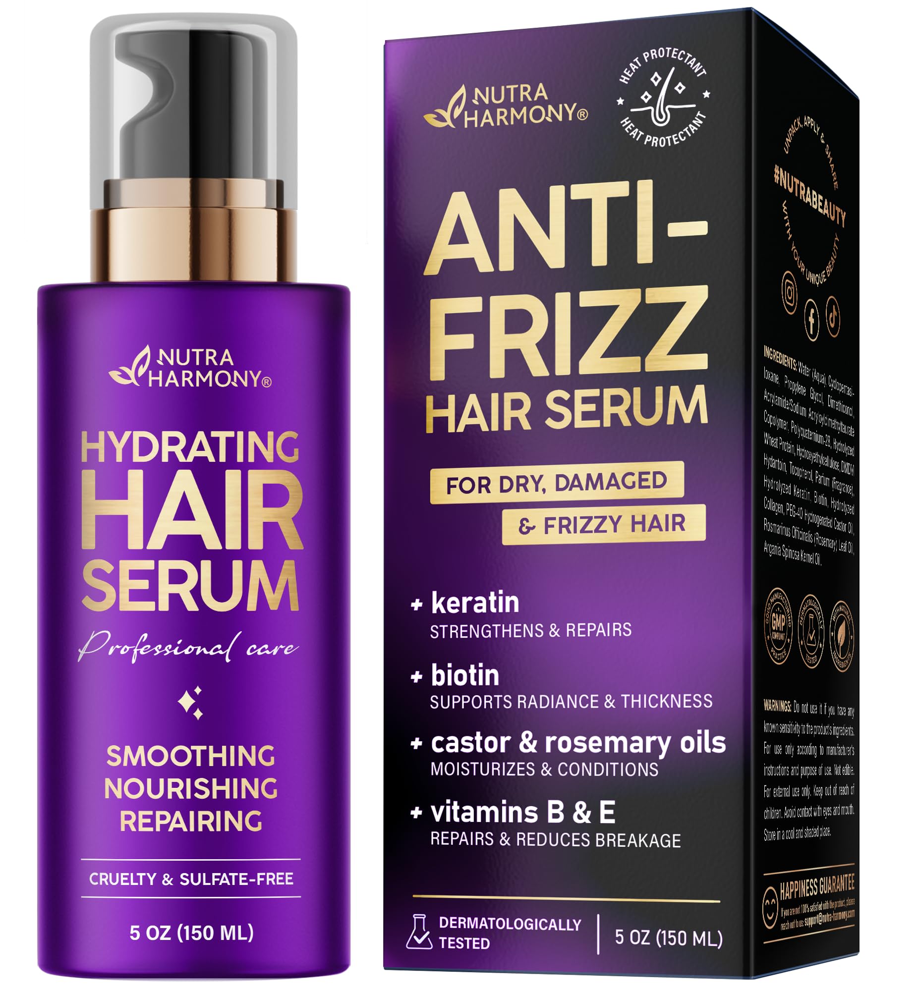 NUTRAHARMONY Serum Hidratante en botella principal para cabello suave y brillante.