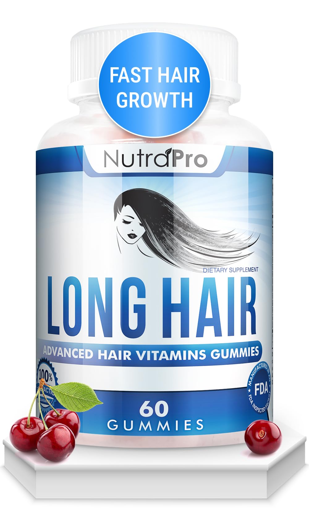 NutraPro Long Hair Gummies en bote con sabor cereza para cabello largo.