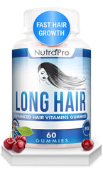 NutraPro Long Hair Gummies en bote con sabor cereza para cabello largo.