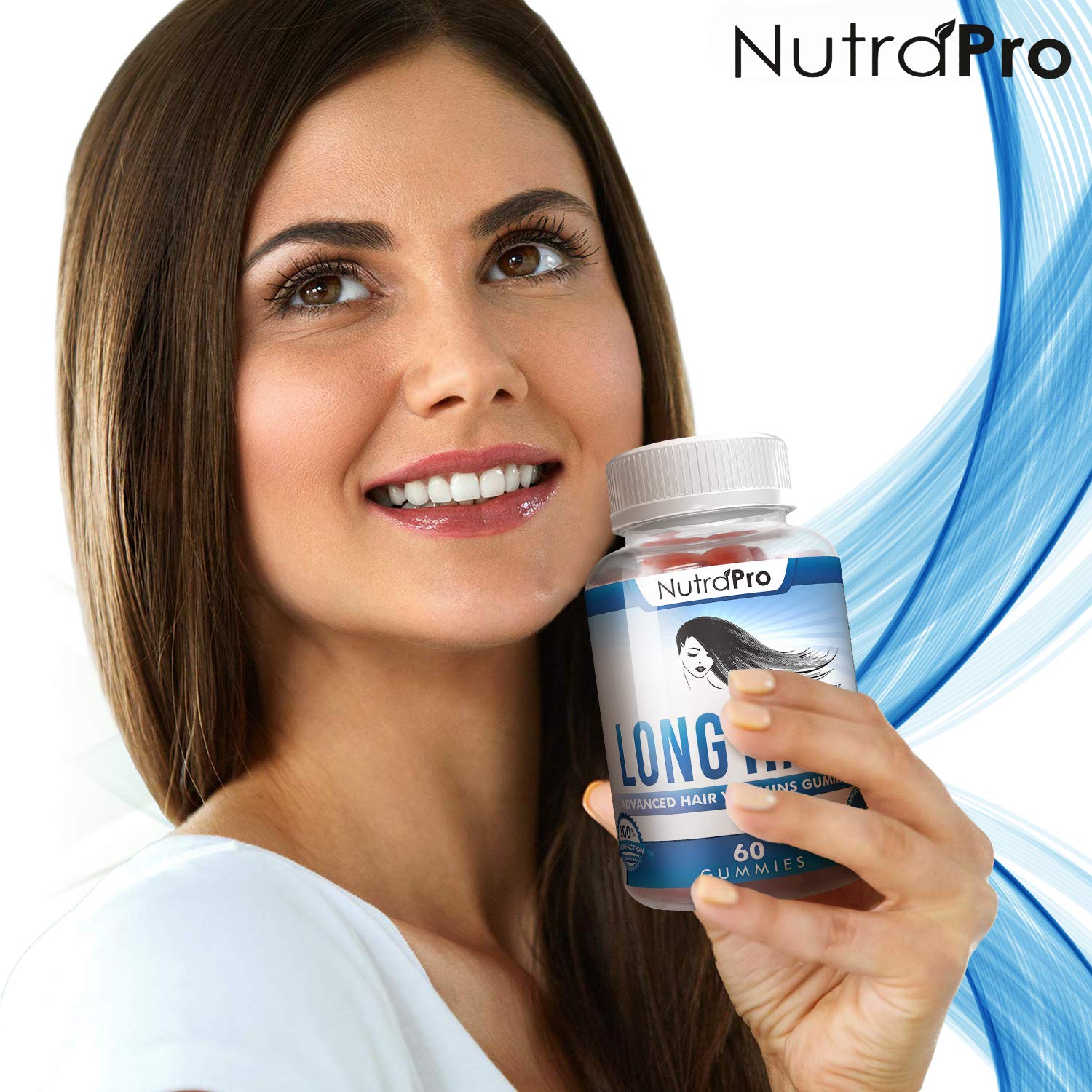 NutraPro Long Hair Gummies frasco translúcido, promueve volumen capilar de forma suave.