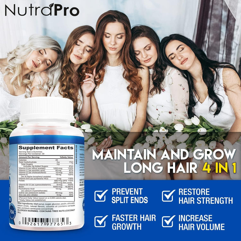 NutraPro Long Hair Gummies gomitas rojas, uso diario para cabello fino.