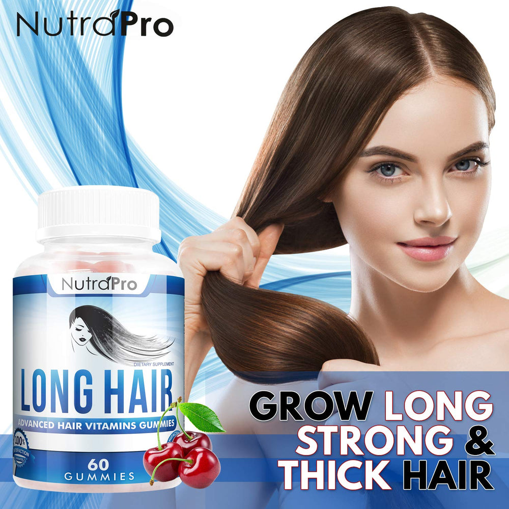 NutraPro Long Hair Gummies frasco, fórmula con biotina para crecimiento capilar.