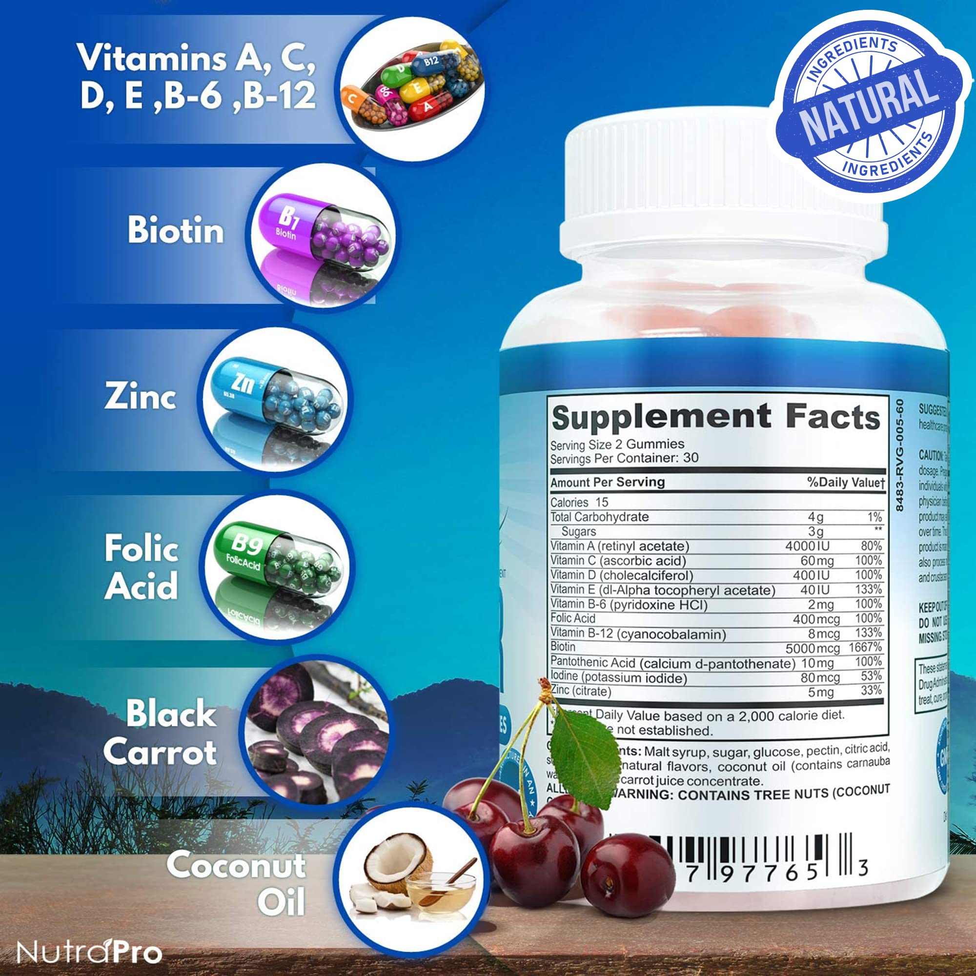 NutraPro Long Hair Gummies caja atractiva, rutina diaria de cuidado capilar.