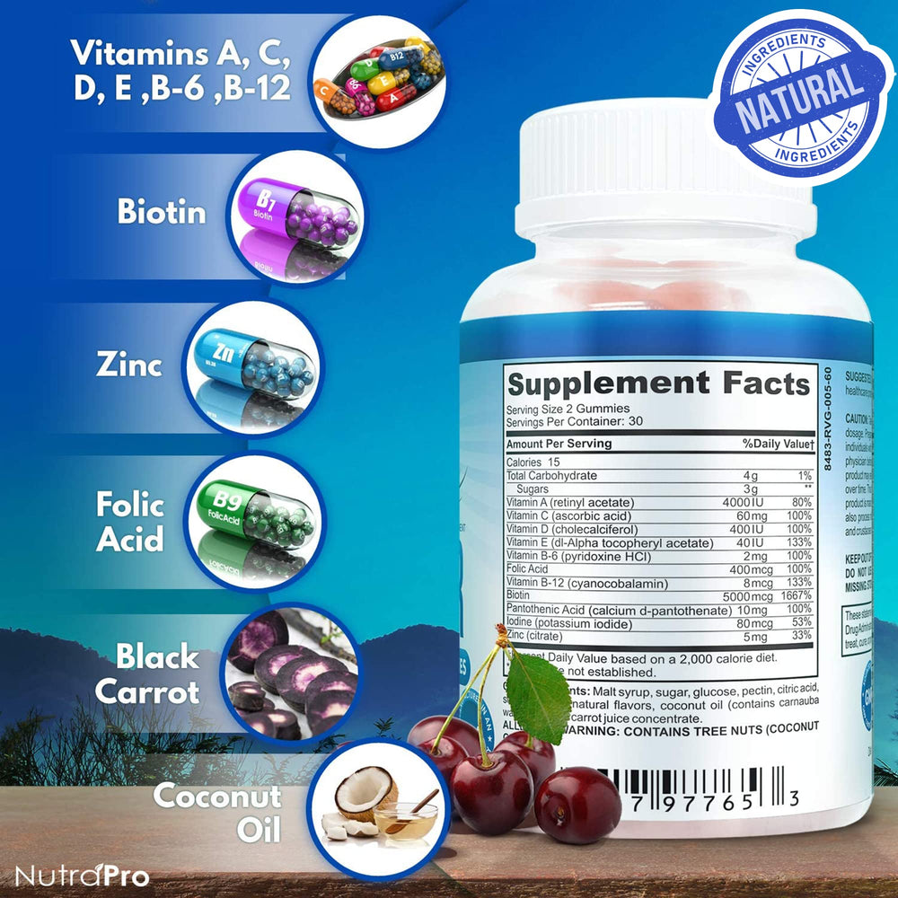 NutraPro Long Hair Gummies caja atractiva, rutina diaria de cuidado capilar.