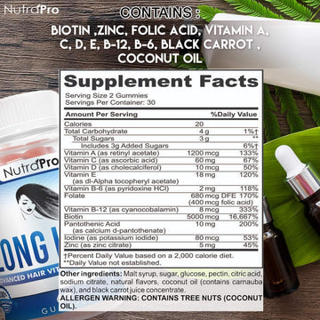 NutraPro Long Hair Gummies alimentación diaria, sabor cereza para cabello más voluminoso.