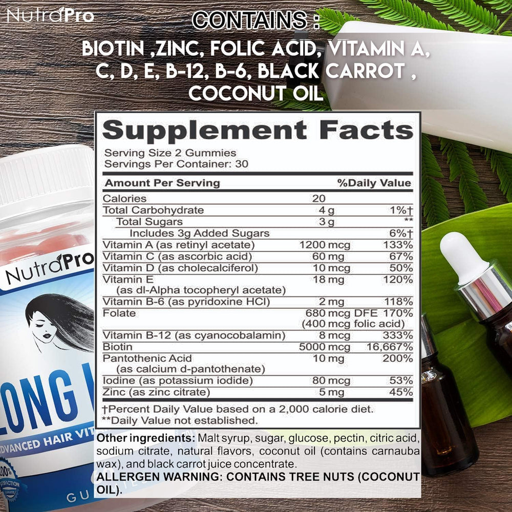 NutraPro Long Hair Gummies alimentación diaria, sabor cereza para cabello más voluminoso.