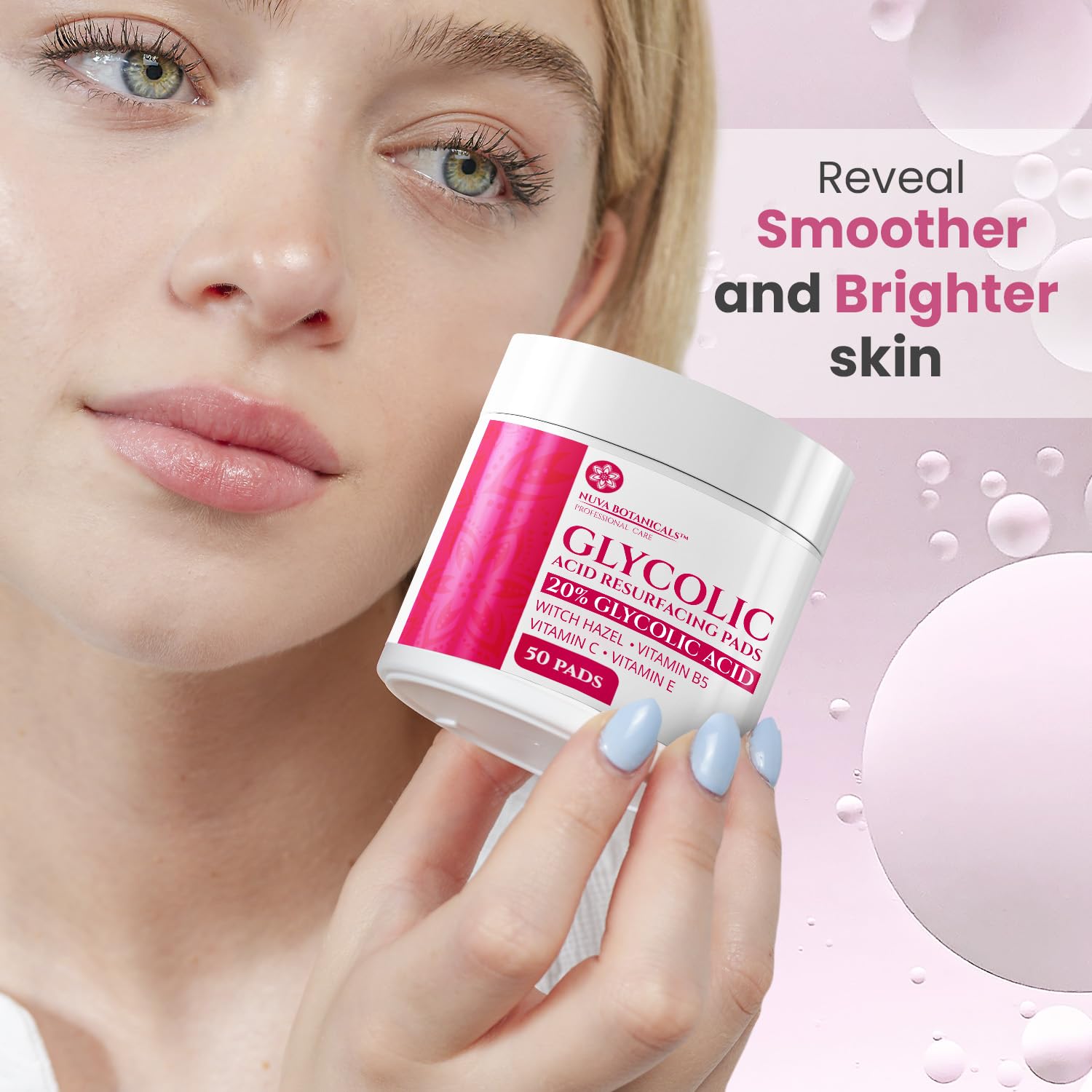 Discos exfoliantes Nuva Botanicals 20% glicólico aplicándose para renovar textura.